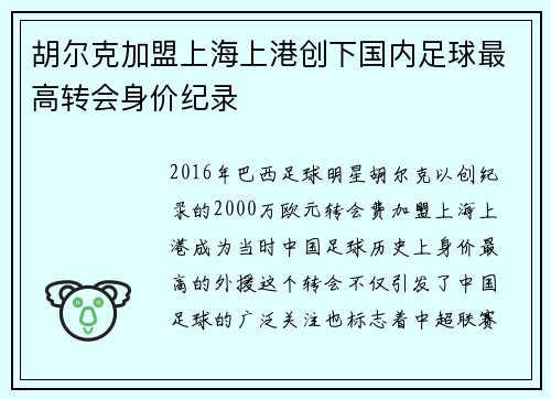 胡尔克加盟上海上港创下国内足球最高转会身价纪录